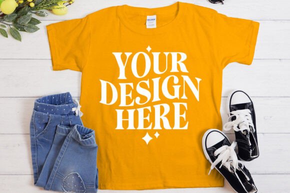 Gildan 5000 Shirt Flat Lay Mockup Gold - Product Mockups for Graphics